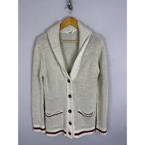 Bluenotes Cream Cabin Style Shawl Collar Cardigan Burgundy Stripe Women Large